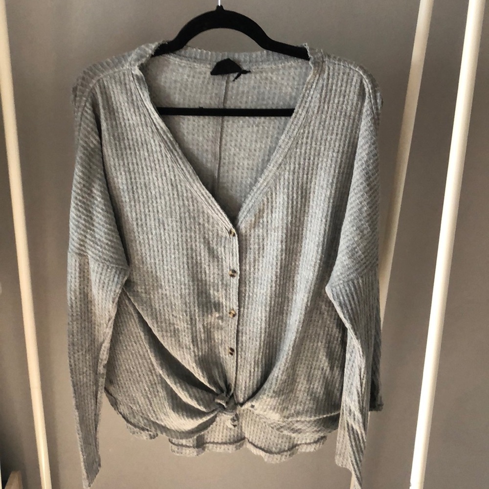 UO Gray Thermal Tie Front Top - Picture 3 of 5